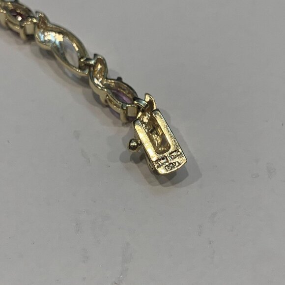 Vermeil Silver Multi-Gemstone Link Gold Color Bracelet With Secure Clasp - Picture 9 of 9